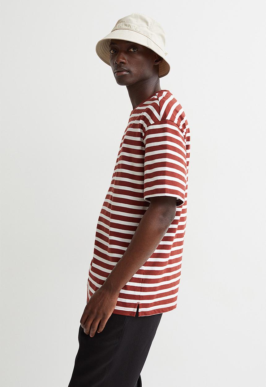 H&M - Relaxed fit cotton T-shirt - burgundy/white striped