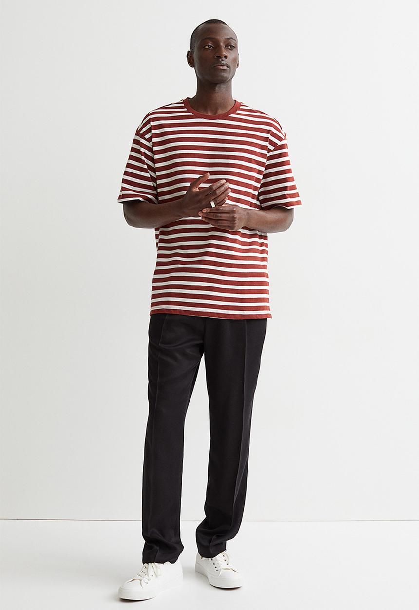 H&M - Relaxed fit cotton T-shirt - burgundy/white striped