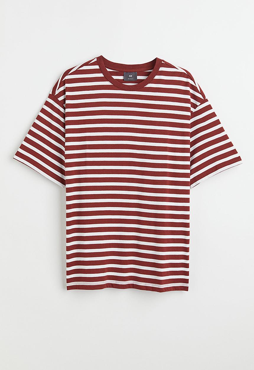 H&M - Relaxed fit cotton T-shirt - burgundy/white striped