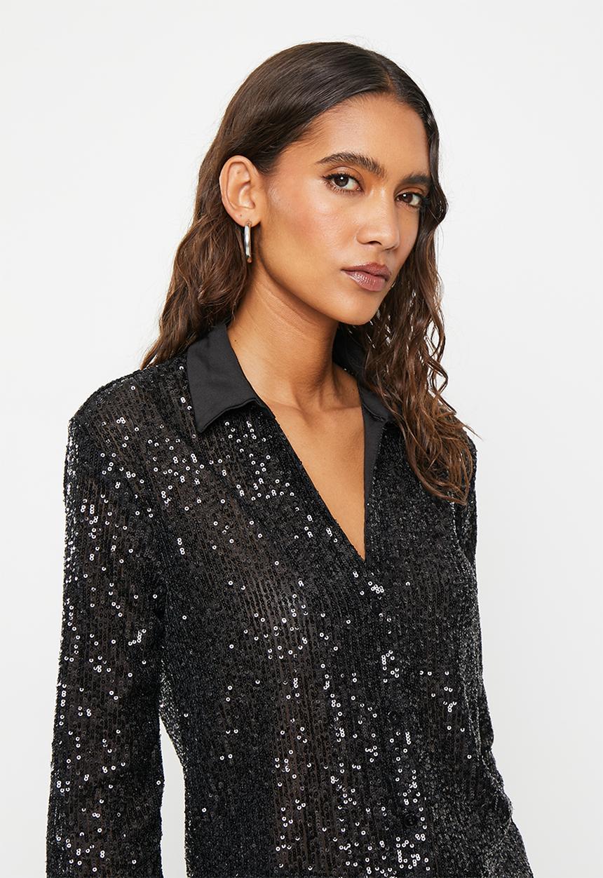 SISSY BOY - Button up sparkle blouse - black