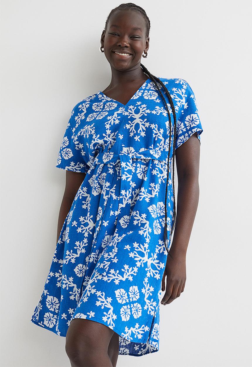 H&M - V-neck linen-blend dress - blue/multi