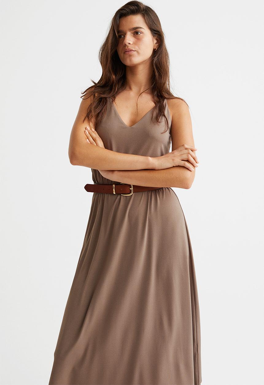 H&M - V-neck jersey dress - beige/grey
