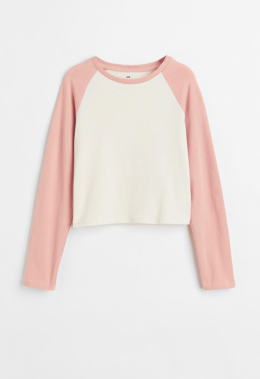H&M - Cotton jersey top - light pink/block-coloured