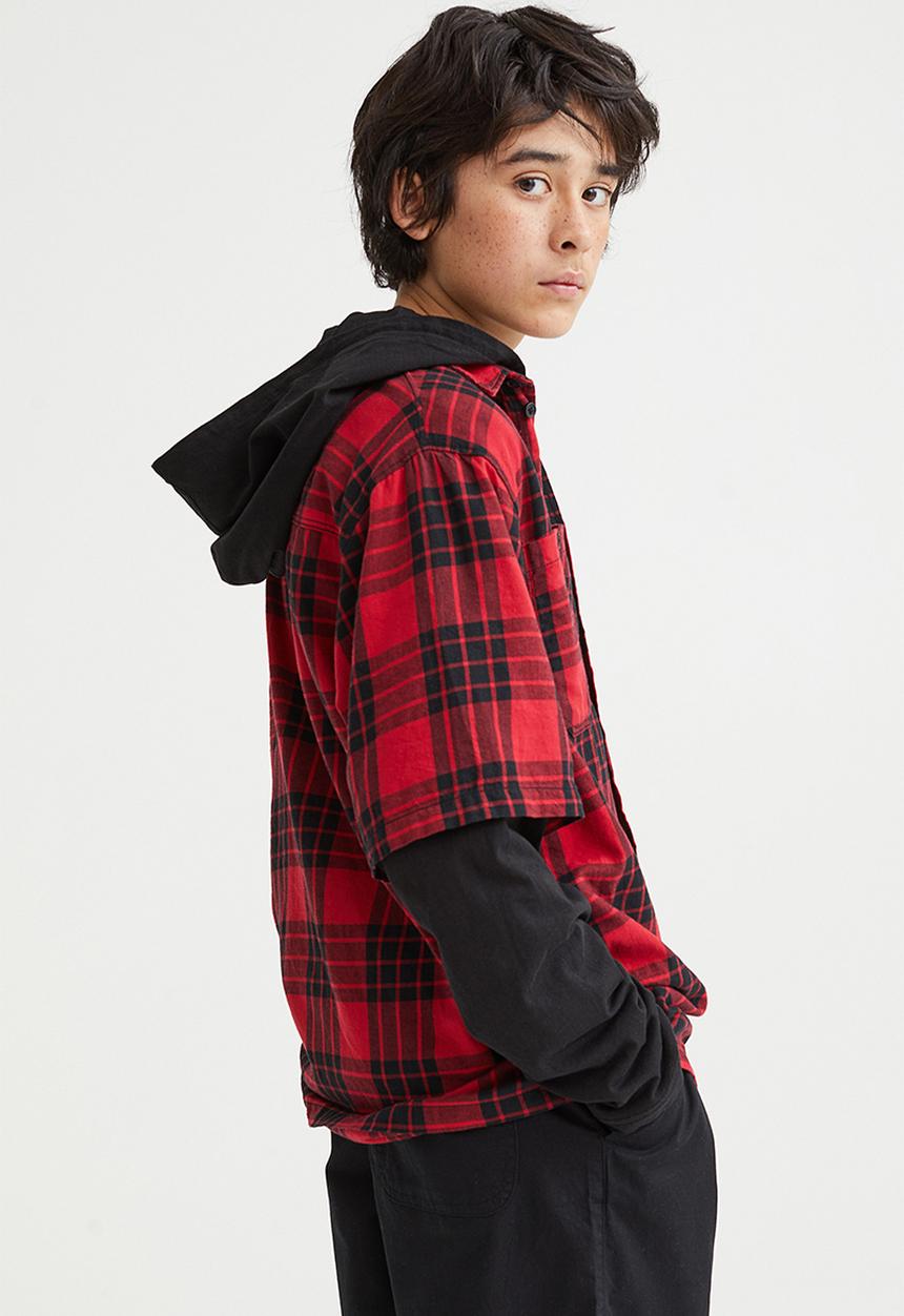 H&M - Oversized hooded flannel shirt - red/checked