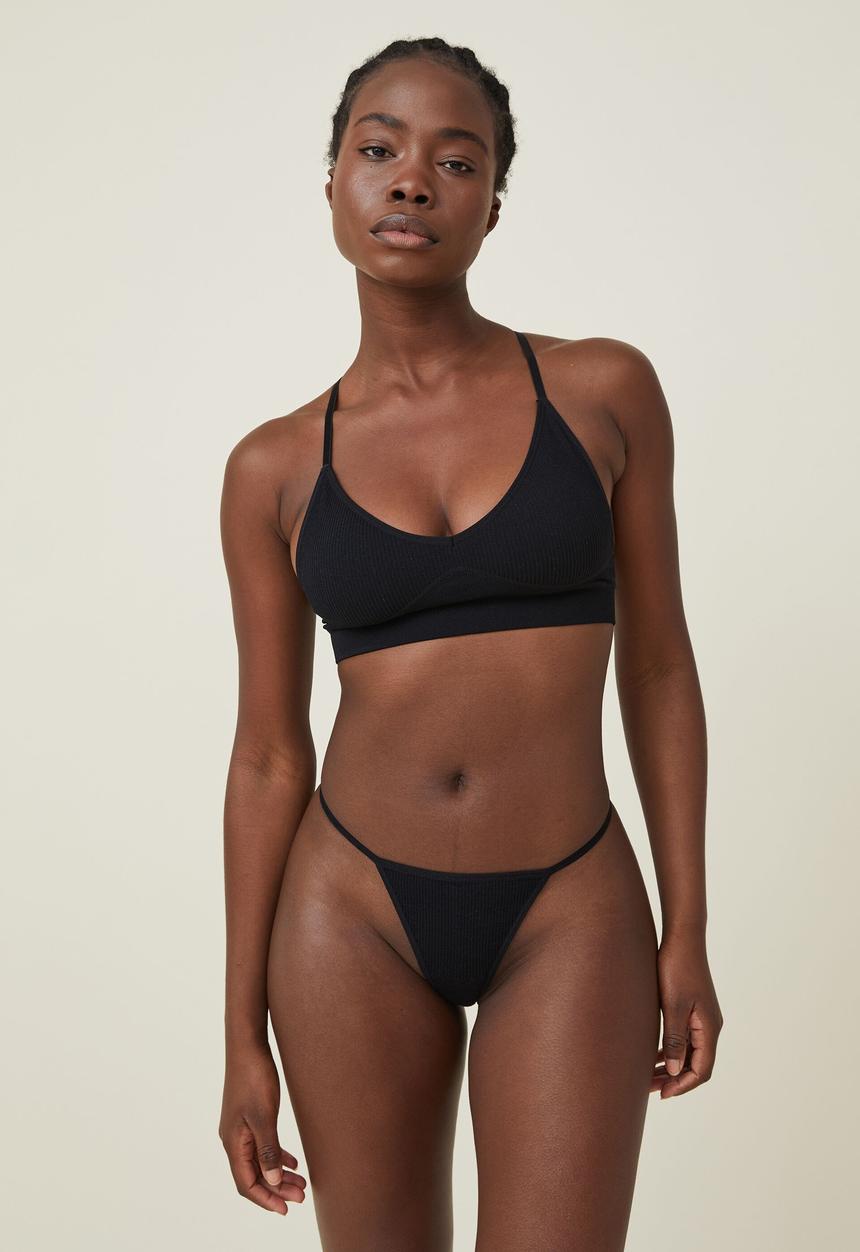 Cotton On - Seamless rib tanga g-string brief - black