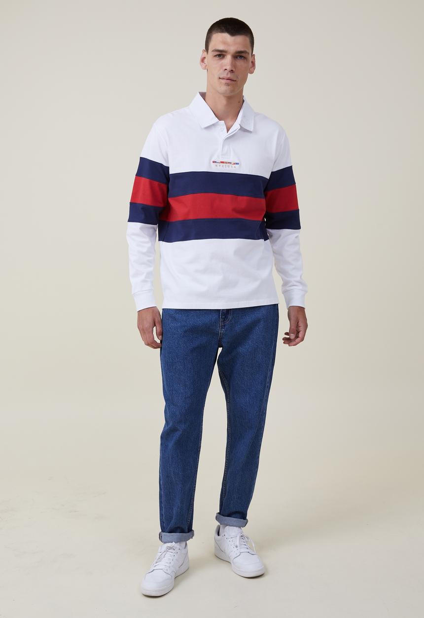 Cotton On - Rugby long sleeve polo - white red tri stripe
