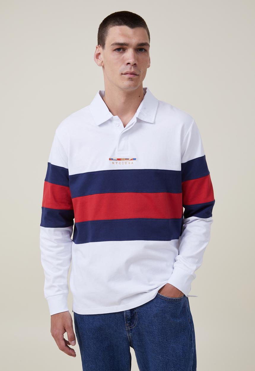 Cotton On - Rugby long sleeve polo - white red tri stripe