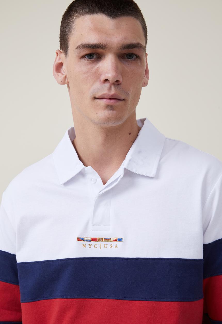 Cotton On - Rugby long sleeve polo - white red tri stripe