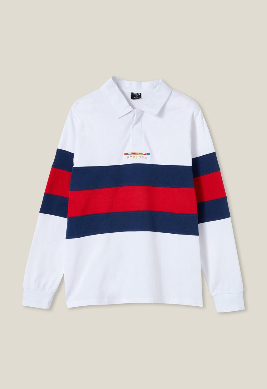 Cotton On - Rugby long sleeve polo - white red tri stripe