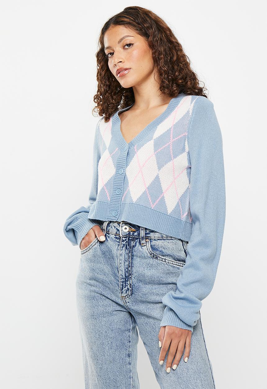 Noisy May - Argyle long sleeve v-neck knit cardigan - ashley blue