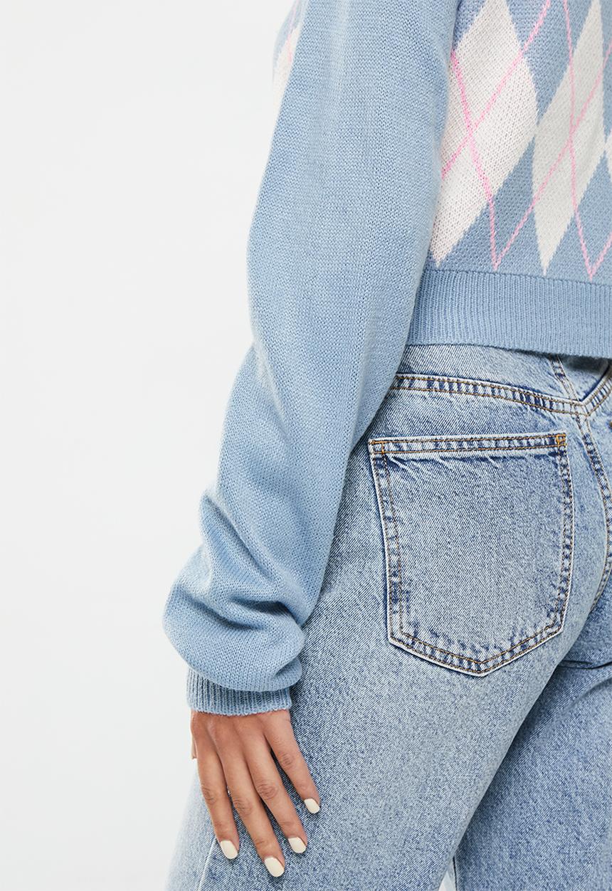 Noisy May - Argyle long sleeve v-neck knit cardigan - ashley blue