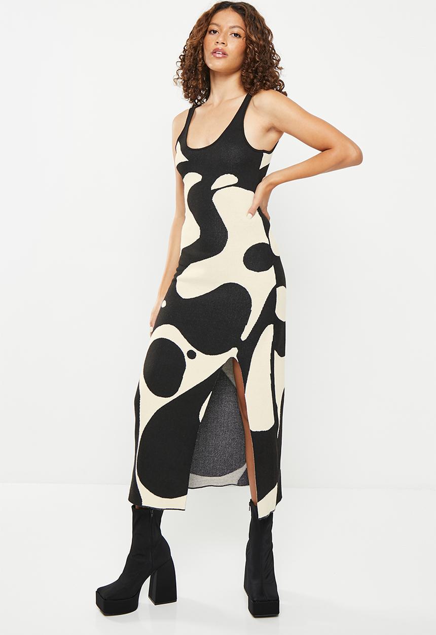 Daisy Street - Knitted split midi dress - cream & black