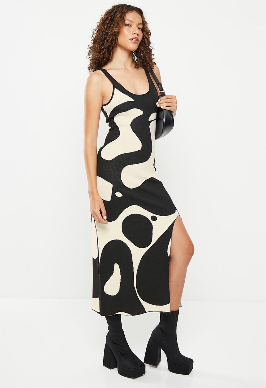 Daisy Street - Knitted split midi dress - cream & black