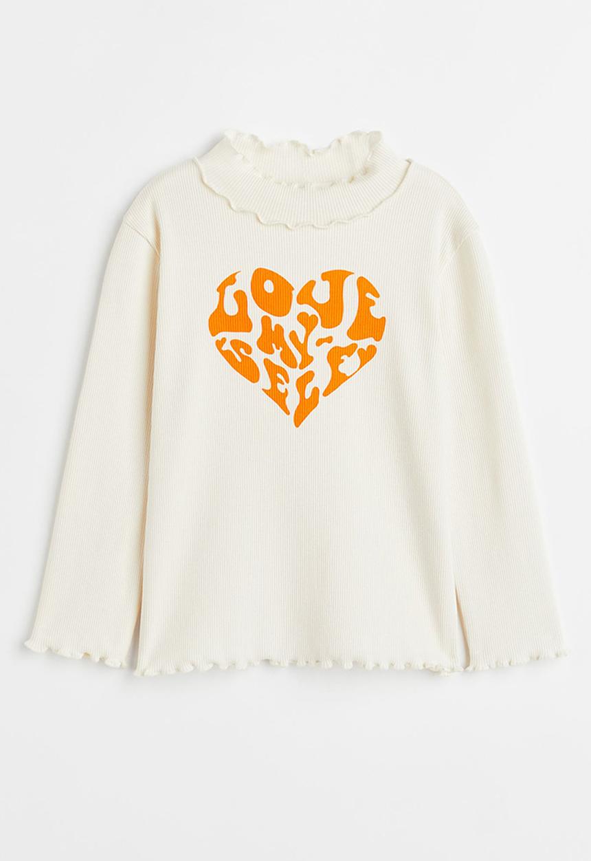 H&M - Long-sleeved ribbed top - natural white/heart