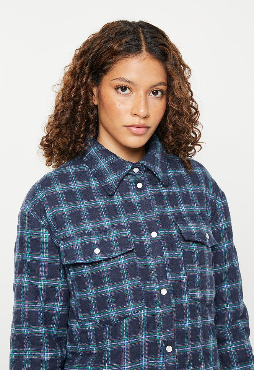 Daisy Street - Check padded quilted shacket - dark navy