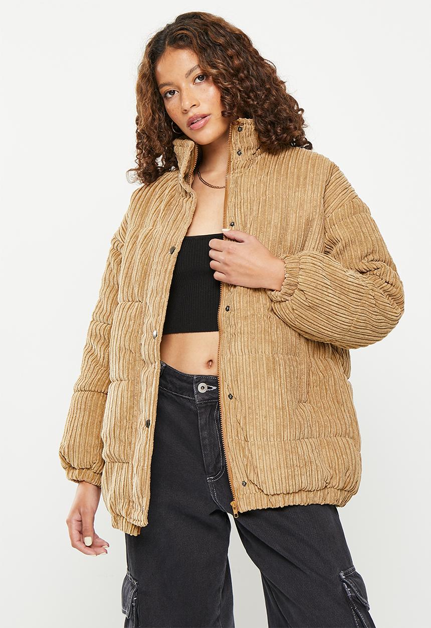 Daisy Street - Corduroy high neck puffer coat - brown