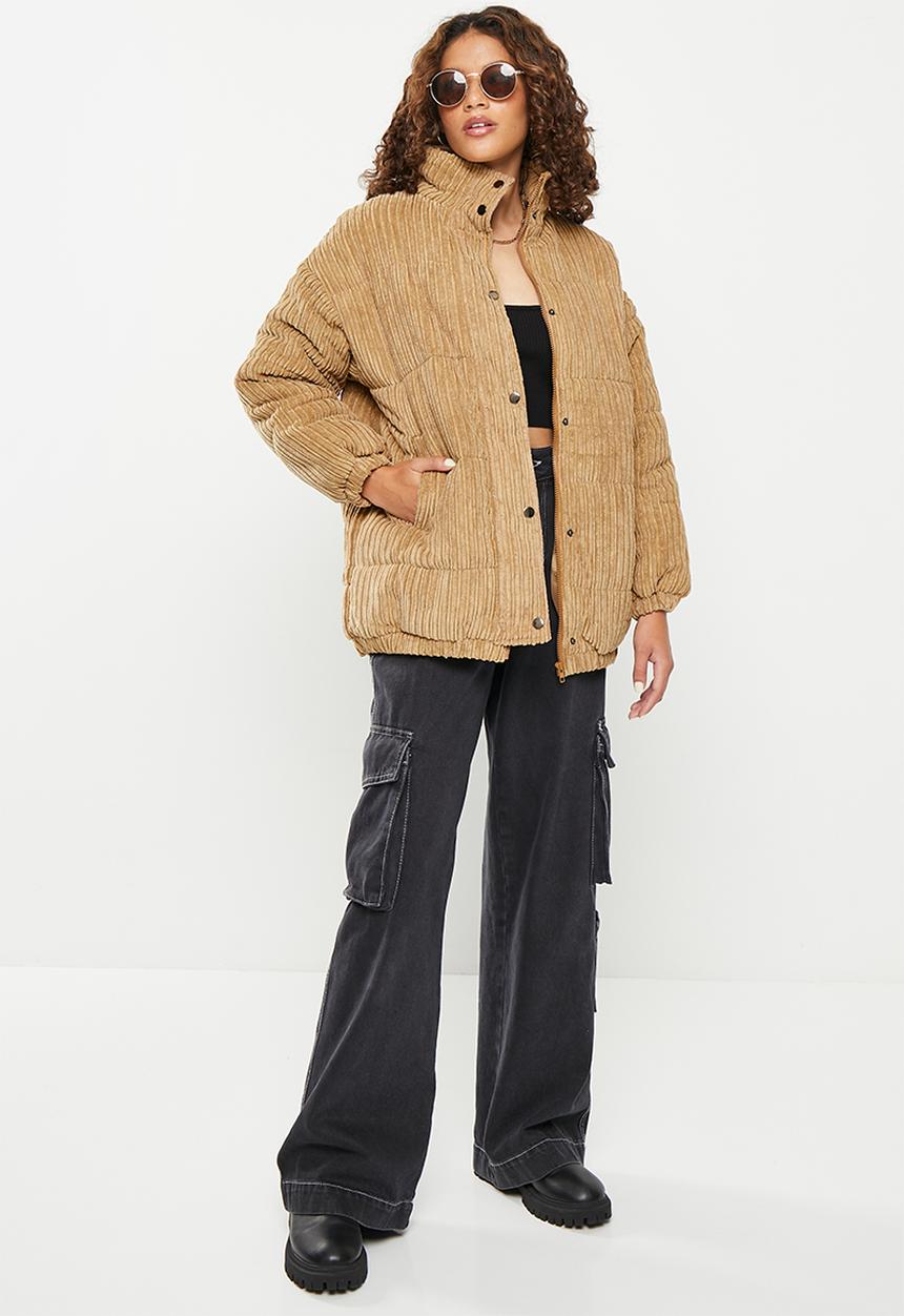 Daisy Street - Corduroy high neck puffer coat - brown