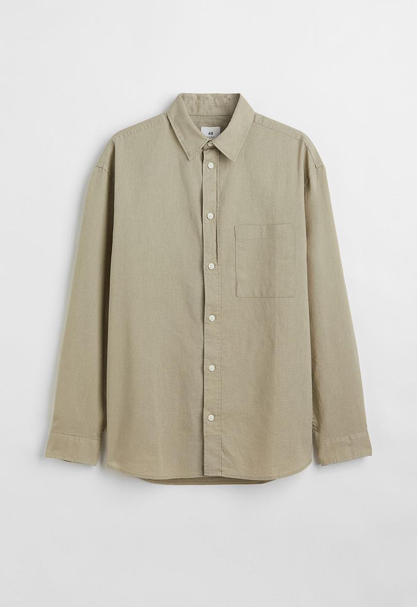 H&M - Relaxed fit linen-blend shirt - light khaki green