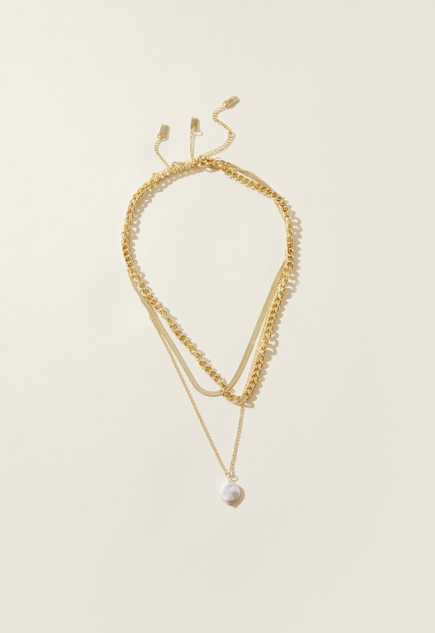 Rubi - 3pk fine chain necklace - gold plated curve chain pearl drop