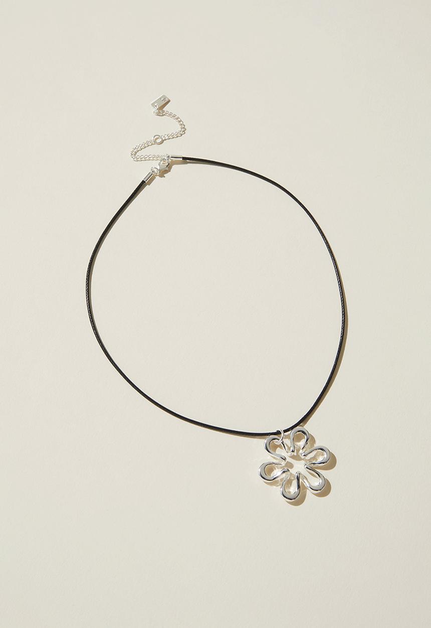 Rubi - Cord pendant necklace - sterling silver plated black cord flower