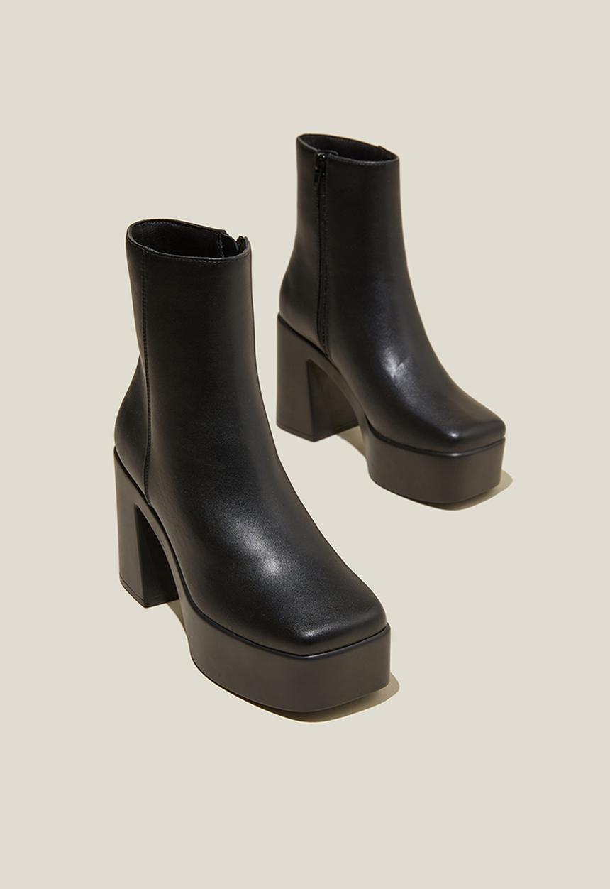 Cotton On - Hanna platform ankle boot - black smooth vegan leather