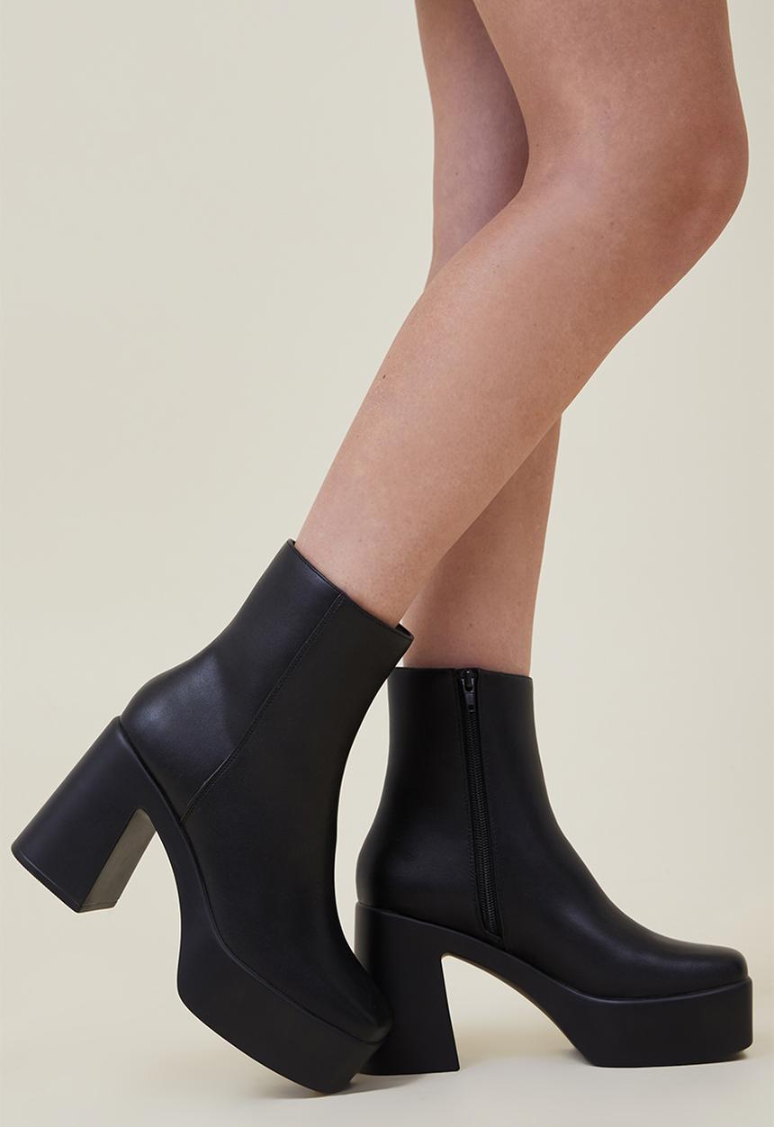 Cotton On - Hanna platform ankle boot - black smooth vegan leather