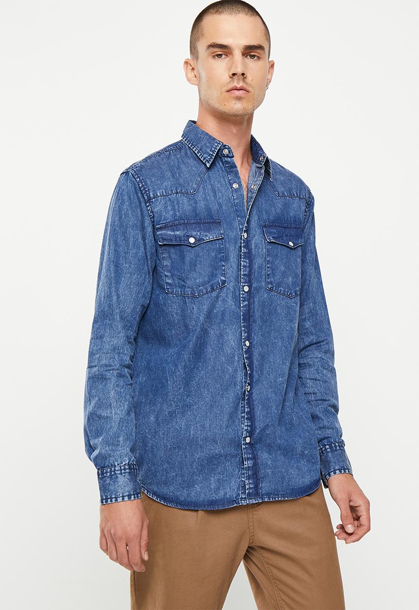 Vertigo - Mens vertigo stretch denim shirt long sleeve  - rinse denim wash