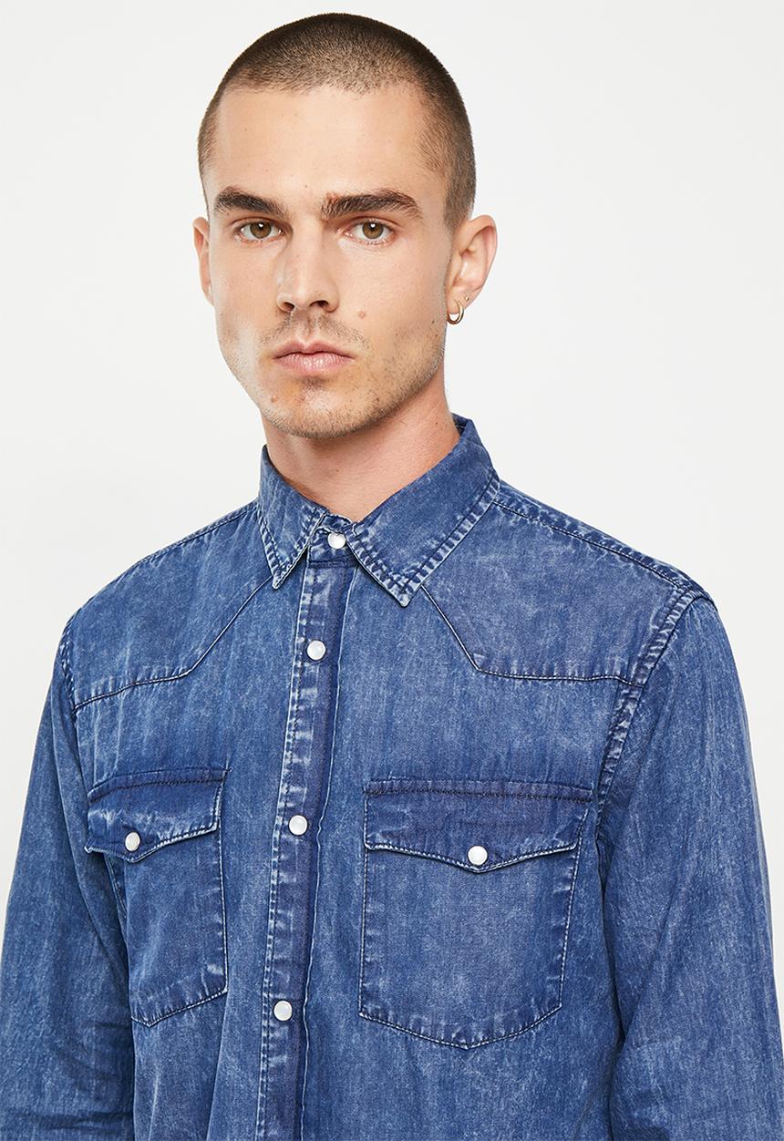 Vertigo - Mens vertigo stretch denim shirt long sleeve  - rinse denim wash