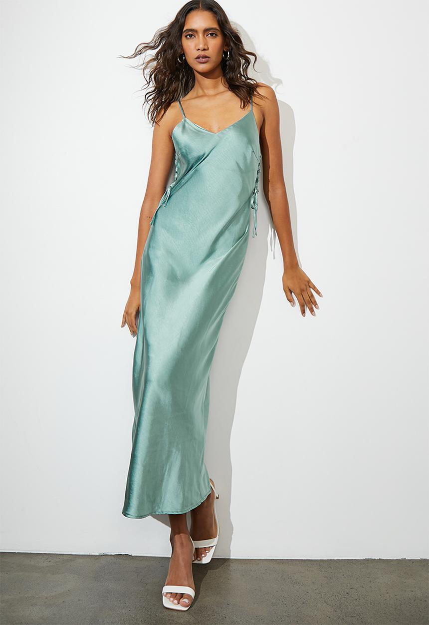 VELVET - Side lace up strappy slip dress - duck egg