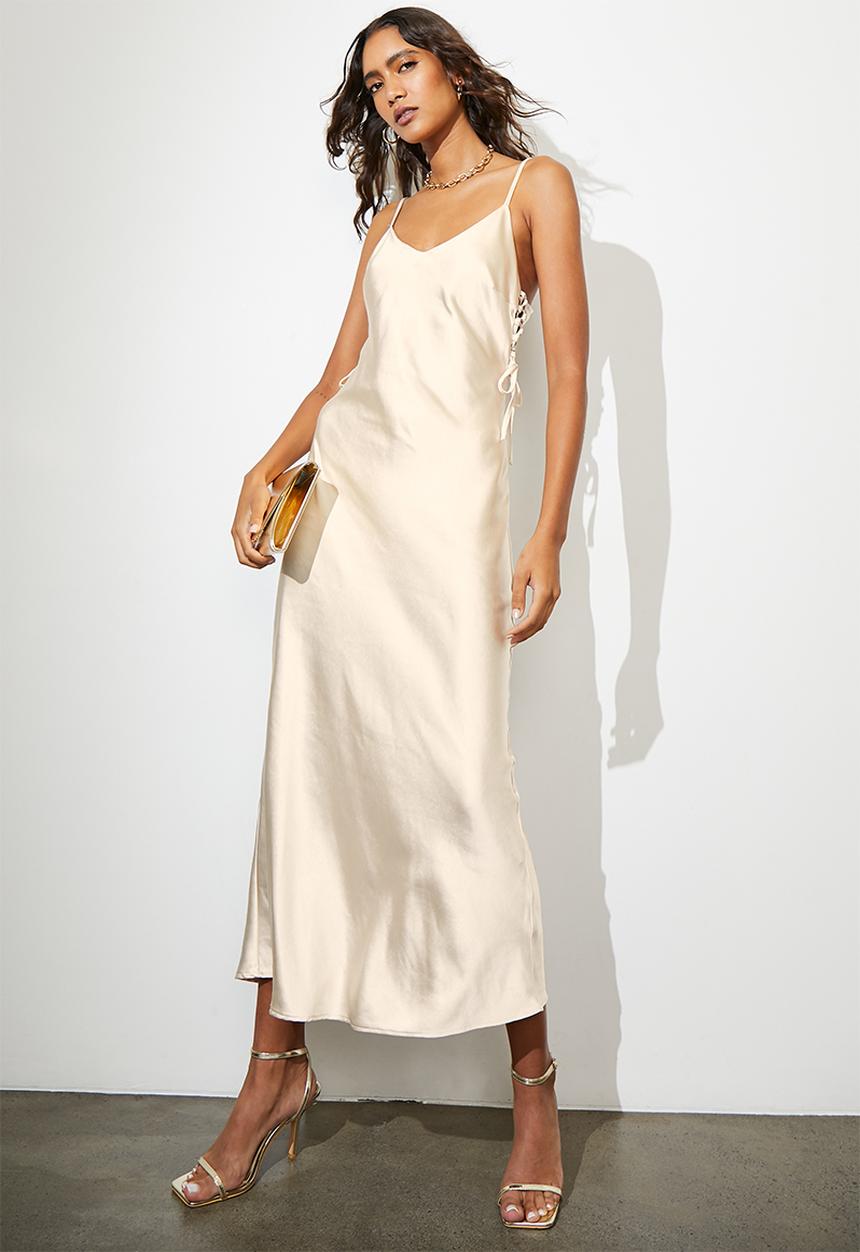VELVET - Side lace up strappy slip dress - cream