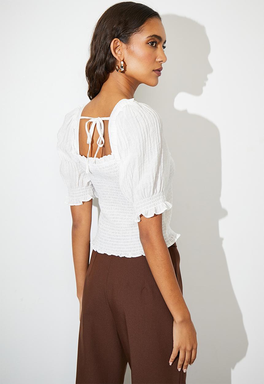 Superbalist - Puff sleeve shirred top - white