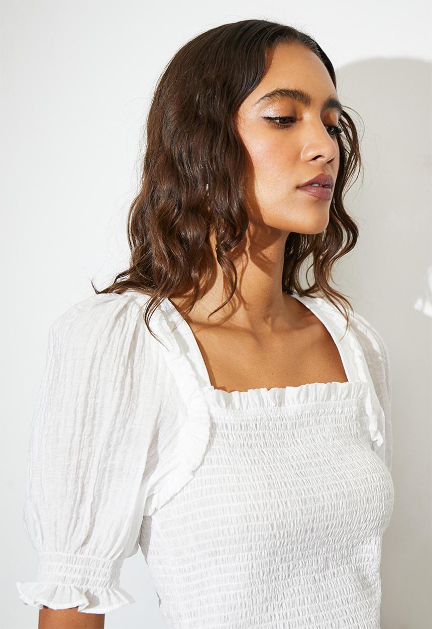 Superbalist - Puff sleeve shirred top - white
