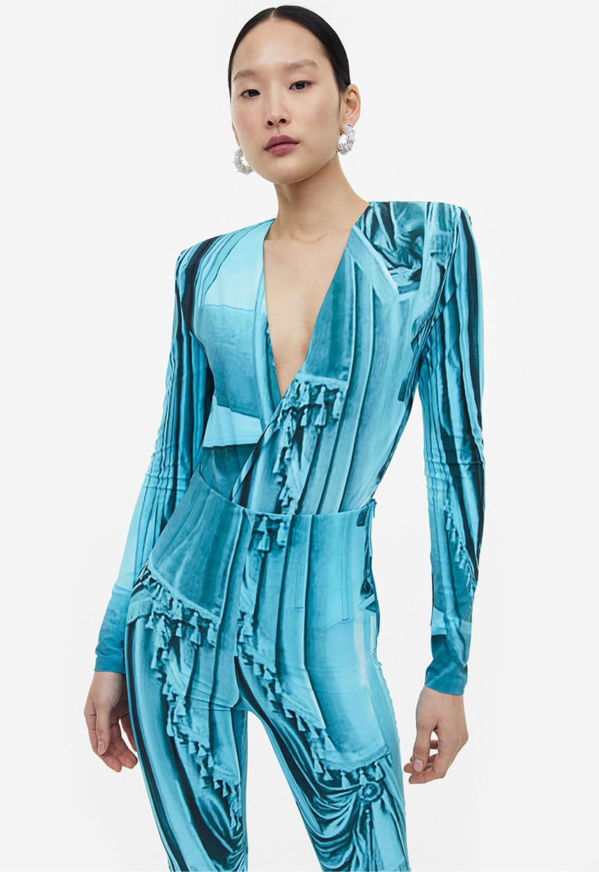 H&M - H&M Studio: Printed corset-waist leggings - turquoise/patterned