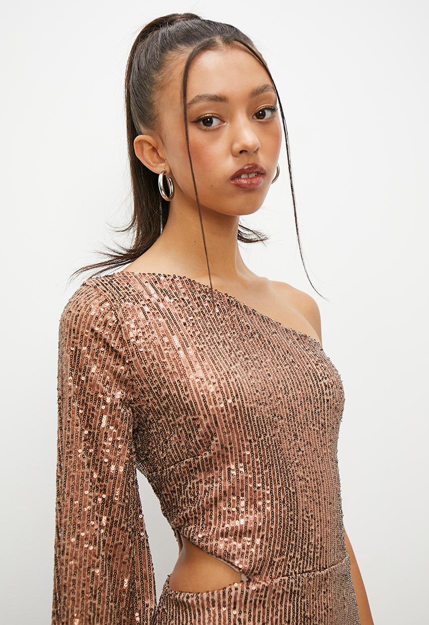 Blake - Sequence asymmetric bodycon with cutout detail - chocolate