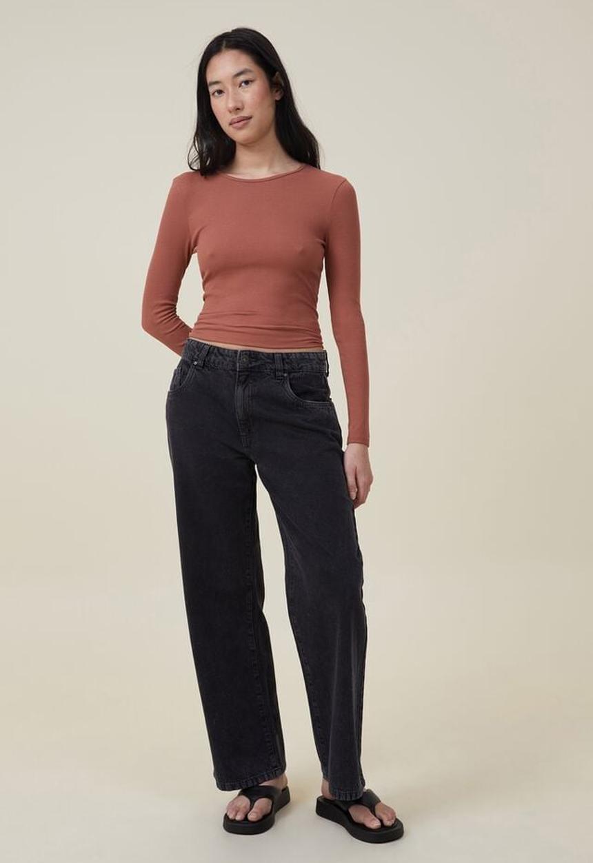 Cotton On - The one organic rib crew long sleeve top - clay brown