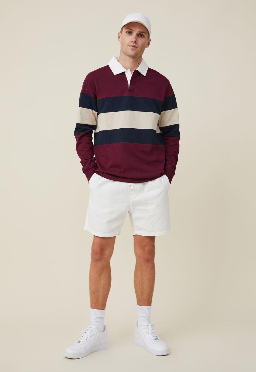 Cotton On - Rugby long sleeve polo - burgundy tri stripe