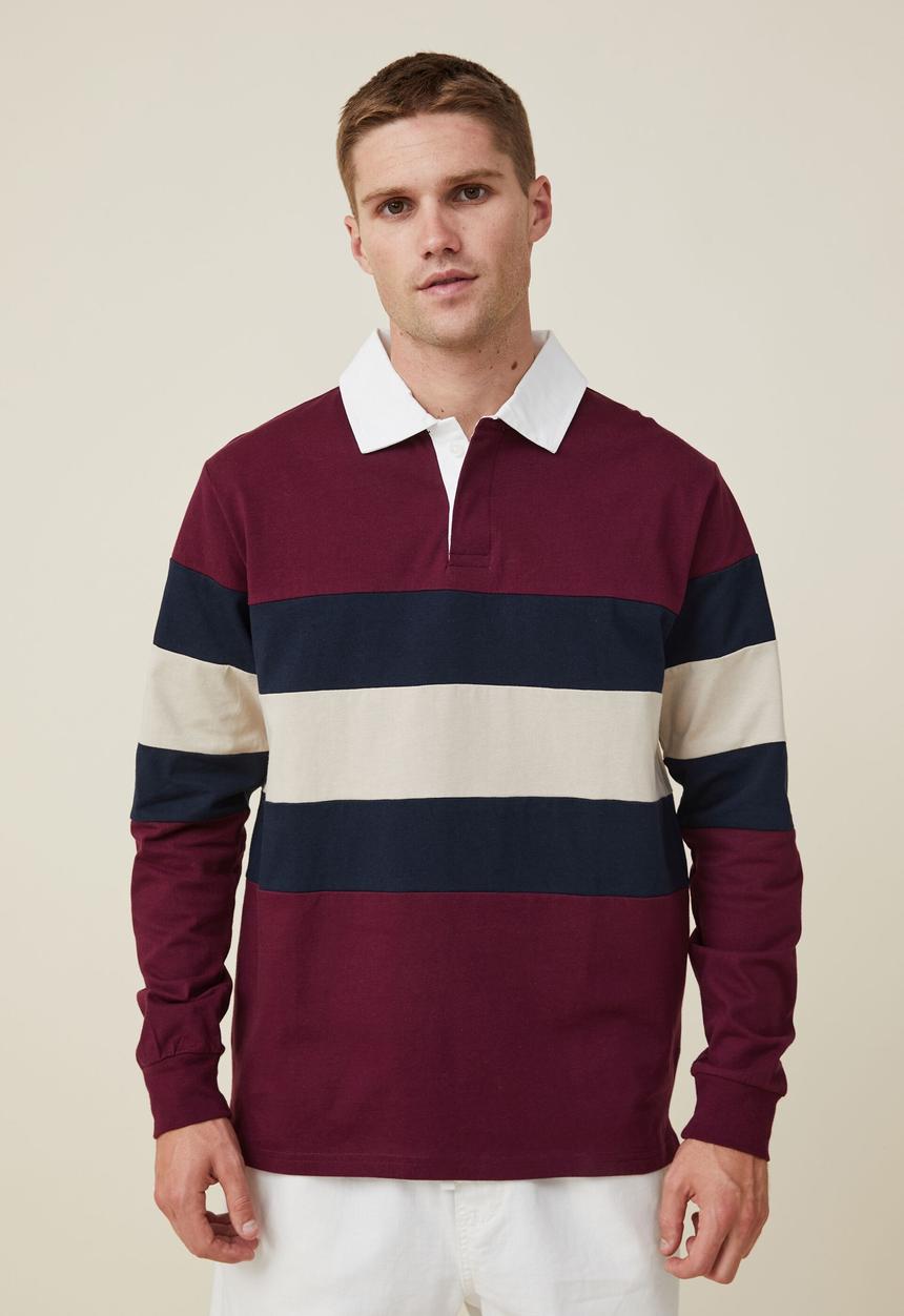 Cotton On - Rugby long sleeve polo - burgundy tri stripe
