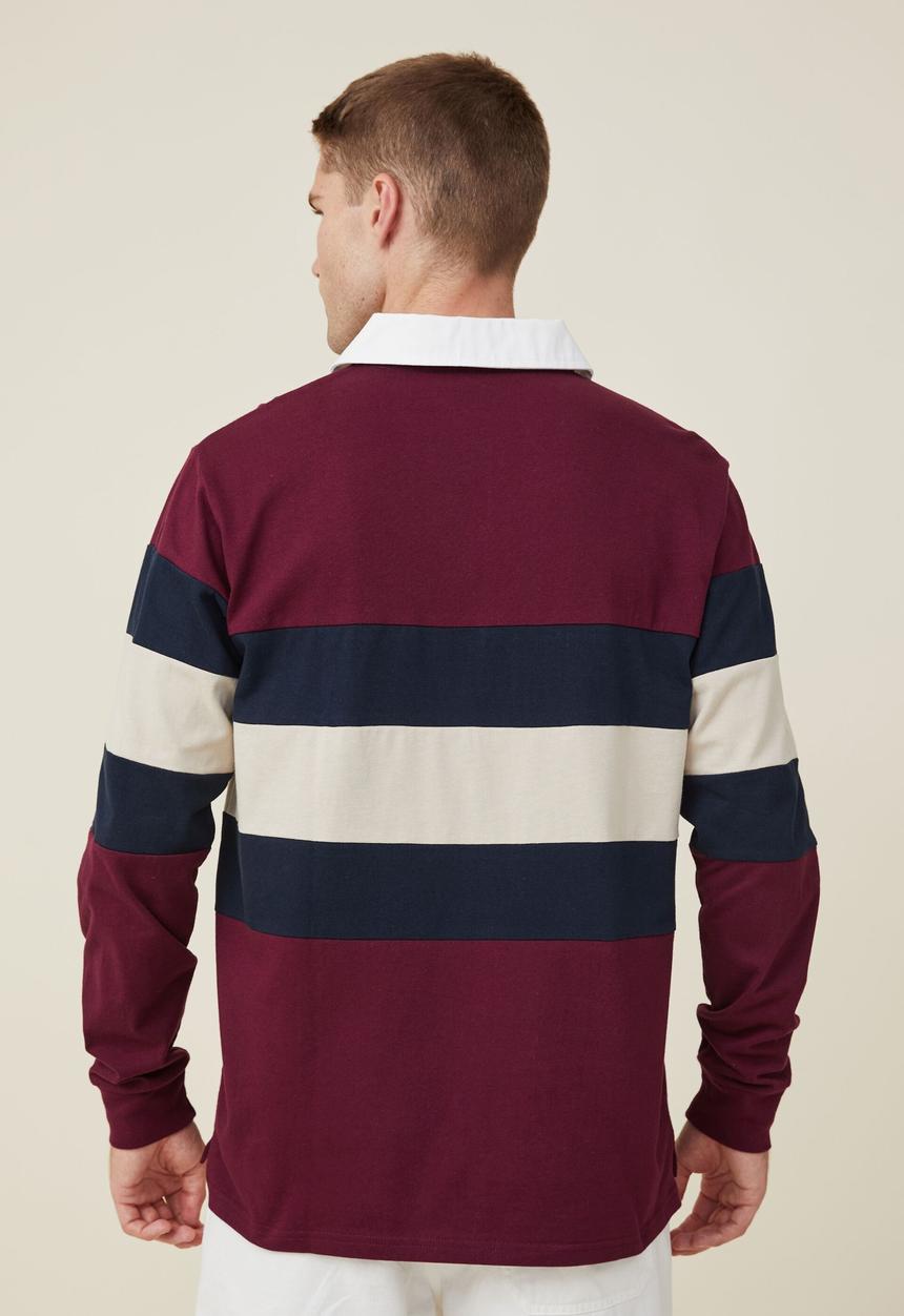 Cotton On - Rugby long sleeve polo - burgundy tri stripe