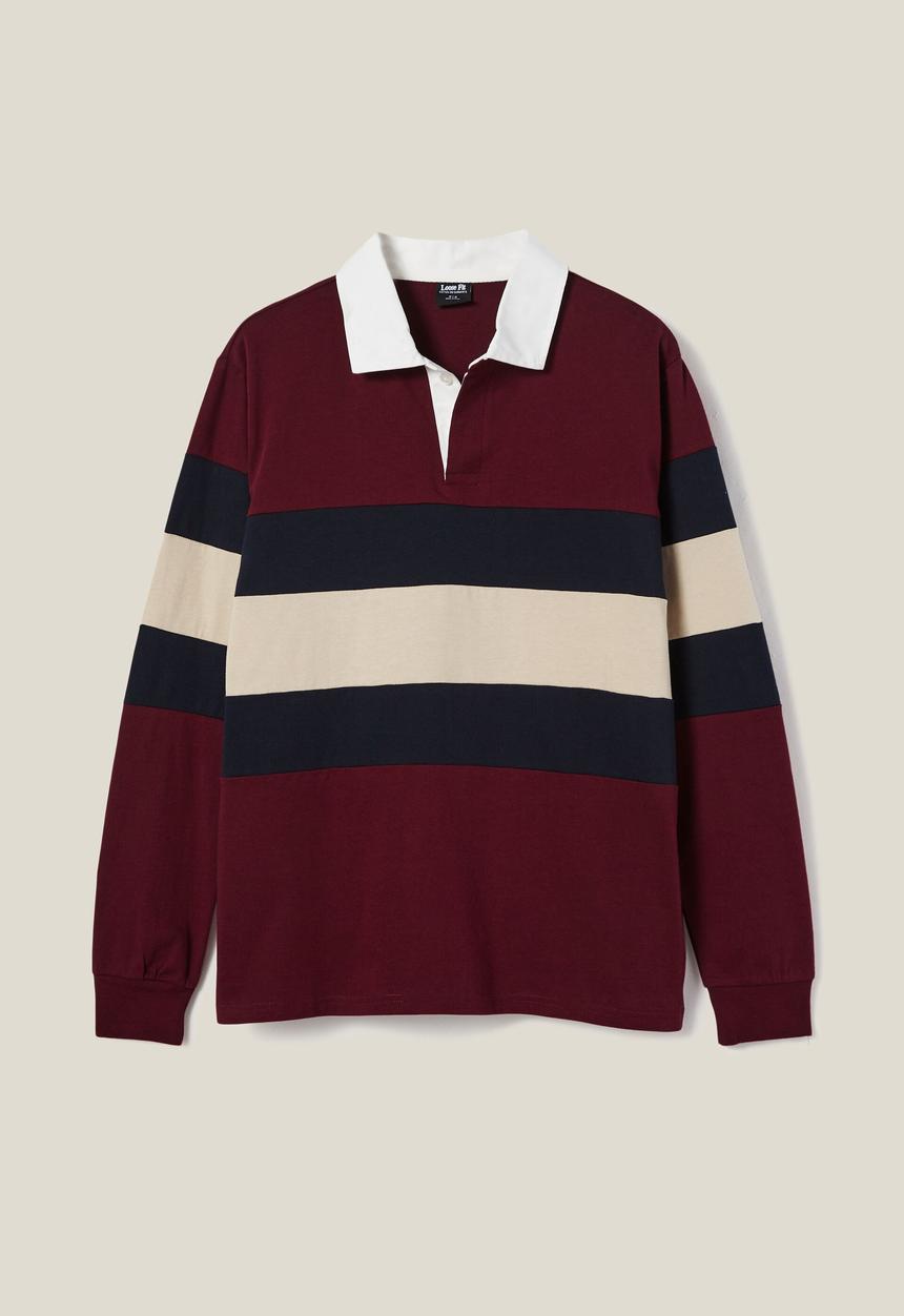Cotton On - Rugby long sleeve polo - burgundy tri stripe