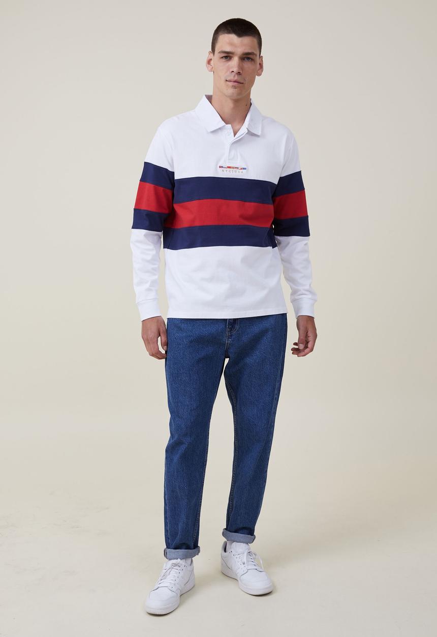 Cotton On - Rugby long sleeve polo - white red tri stripe