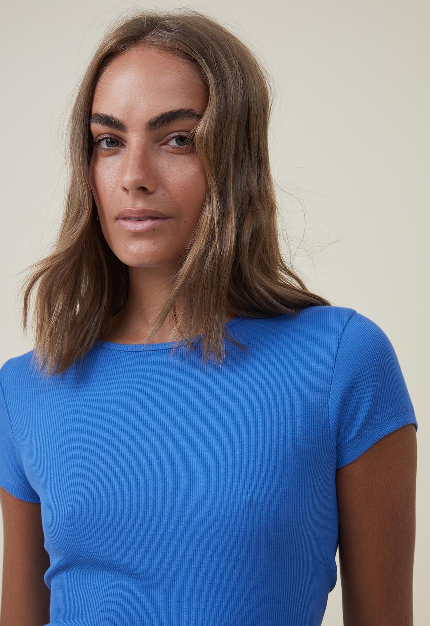 Cotton On - The one organic rib crew short sleeve tee - cobalt