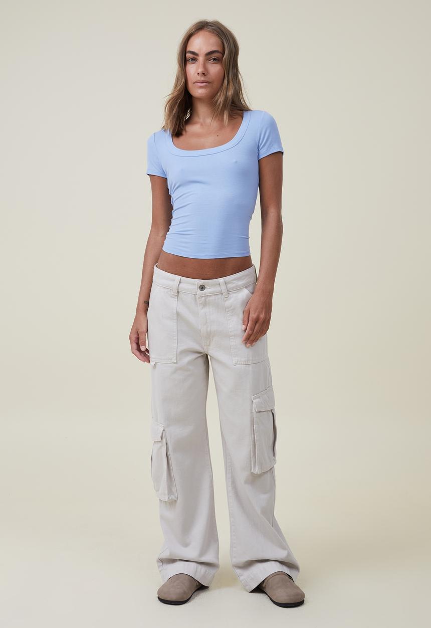 Cotton On - Staple rib scoop neck short sleeve top - blue chalk