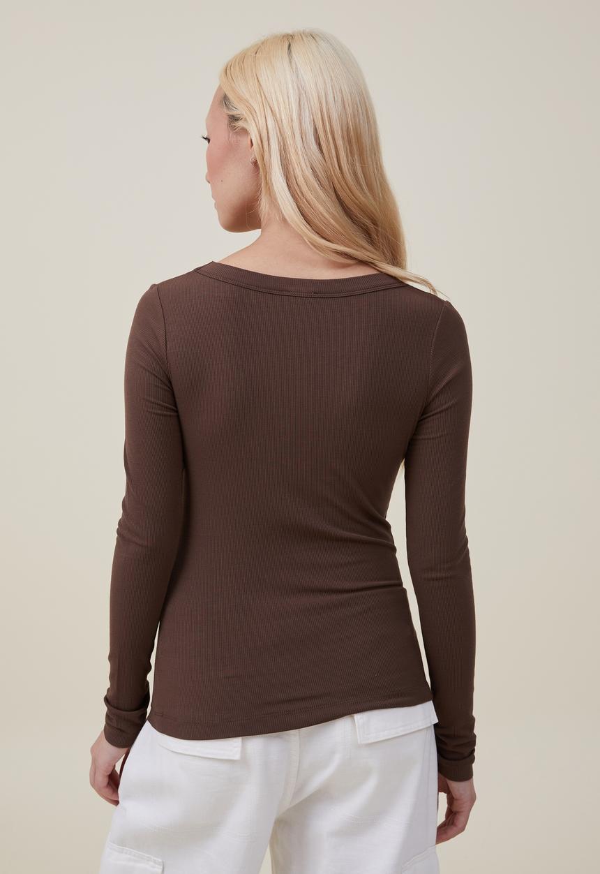 Cotton On - Staple rib scoop neck long sleeve top - rich brown