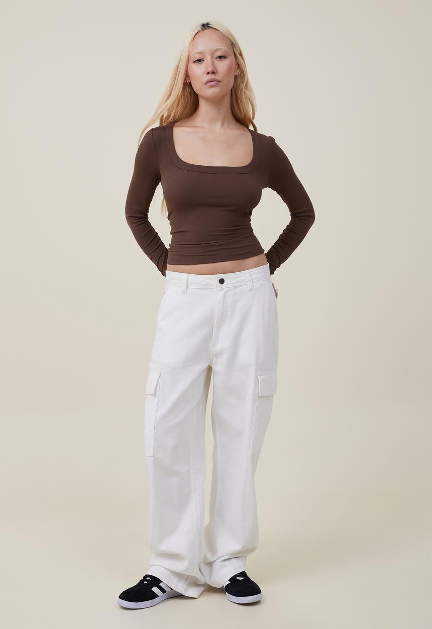 Cotton On - Staple rib scoop neck long sleeve top - rich brown