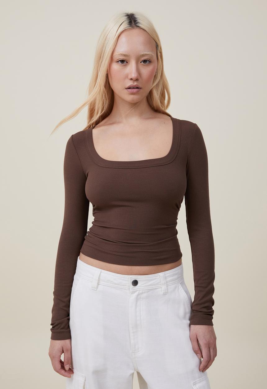 Cotton On - Staple rib scoop neck long sleeve top - rich brown