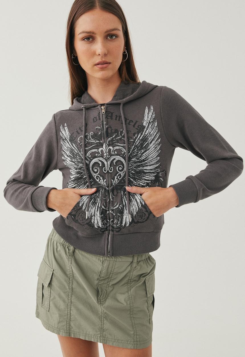 Supré  - Avril graphic zip thru hoodie - granite grey/winged heart