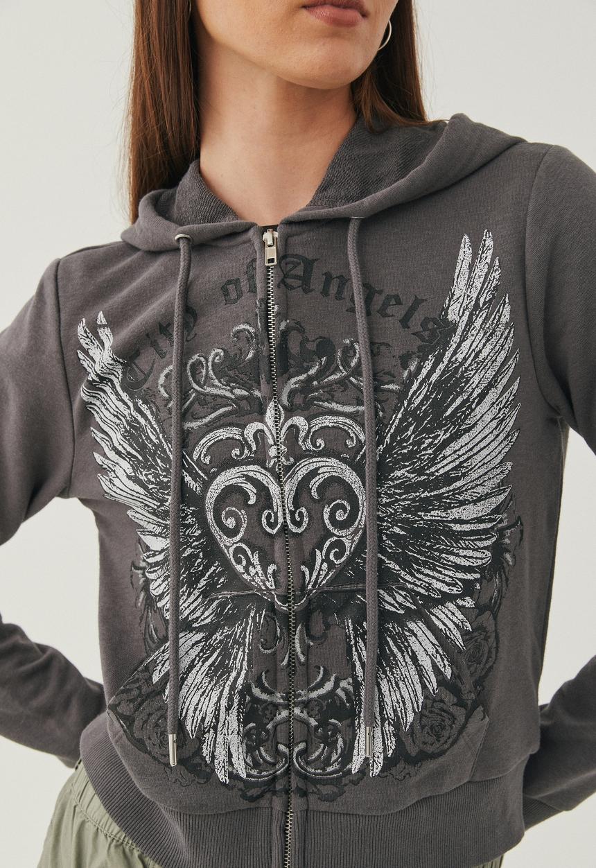 Supré  - Avril graphic zip thru hoodie - granite grey/winged heart