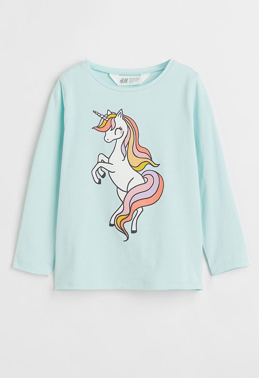H&M - Printed jersey top - light turquoise/unicorn