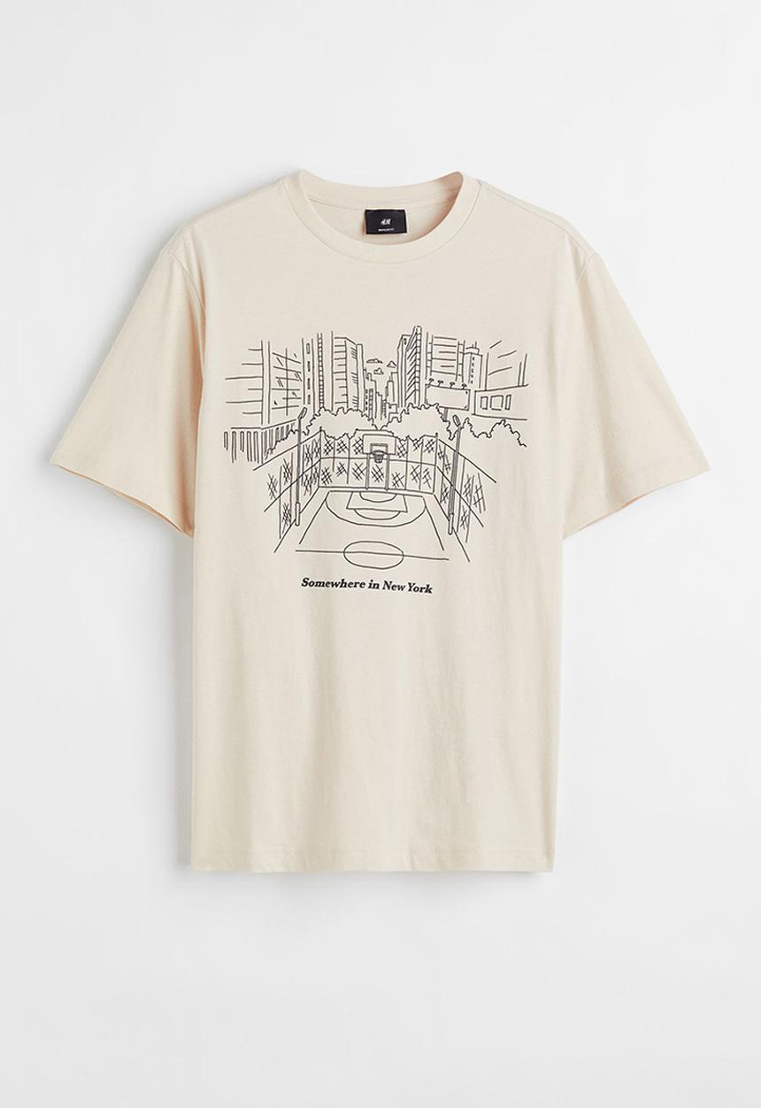H&M - Regular fit printed T-shirt - light beige/basketball court