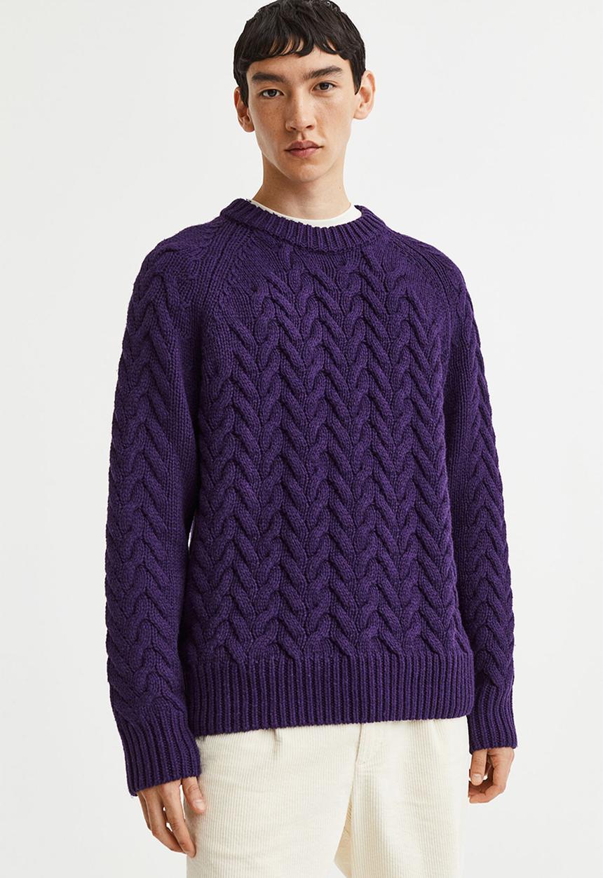 H&M - Regular fit wool-blend cable-knit jumper - dark purple